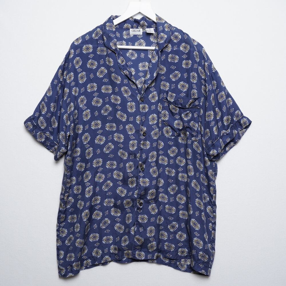Vintage Cezar Blue Turtle Print Button‎ Up Short Sleeve Shirt L
